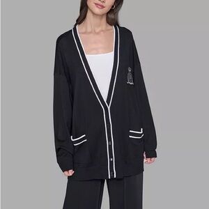 Karl Lagerfeld Paris Varsity Cardigan Sweater With Patches Large L NWT Black